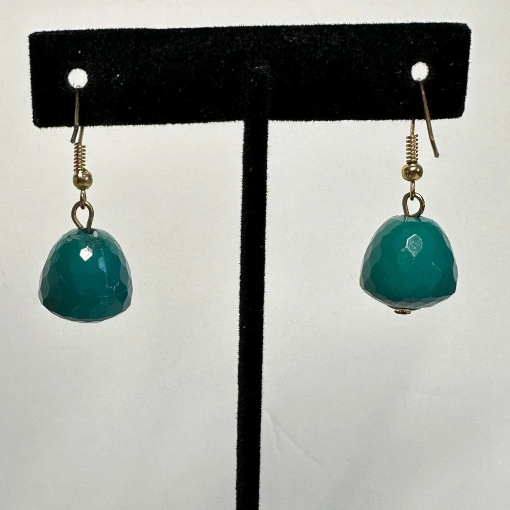 Teal Faceted Acrylic Bead Drop Earrings Gold‎ Tone Dangle Lightweight